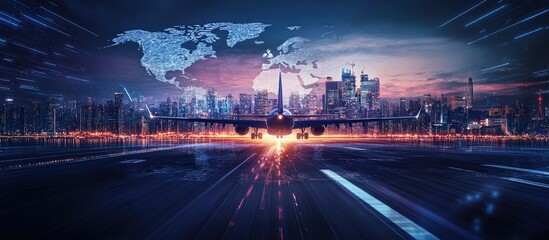 Digital future of commercial aviation concept aircraft departing from runway against urban skyline and world map backdrop featuring copy space and dynamic motion blur effect