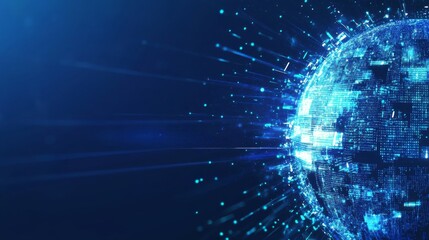 Fototapeta premium Abstract digital blue Earth globe with data and technology background for global business, online connection, or internet network concept. White space on the right side