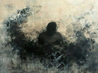 Obraz premium Abstract painting of a silhouette of a person in a dark, stormy sky with clouds and rain.