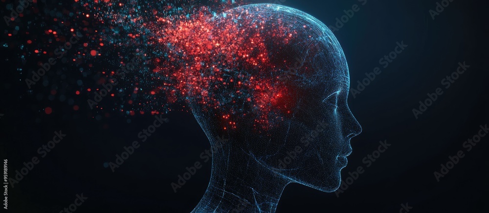 Aufkleber cyborg head representing artificial intelligence isolated on a dark background created through 3d re