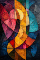 Fototapeta premium Abstract geometric painting with a mosaic-like texture and vibrant colors.
