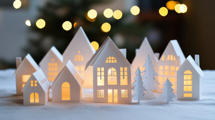Light-colored paper houses for Christmas decorations.