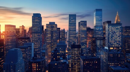 Obraz premium City skyline at dusk featuring tall buildings in a bustling business district