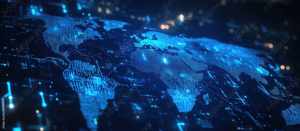 Aufkleber abstract blue world map illustrating futuristic technology concepts with circuits and binary code de