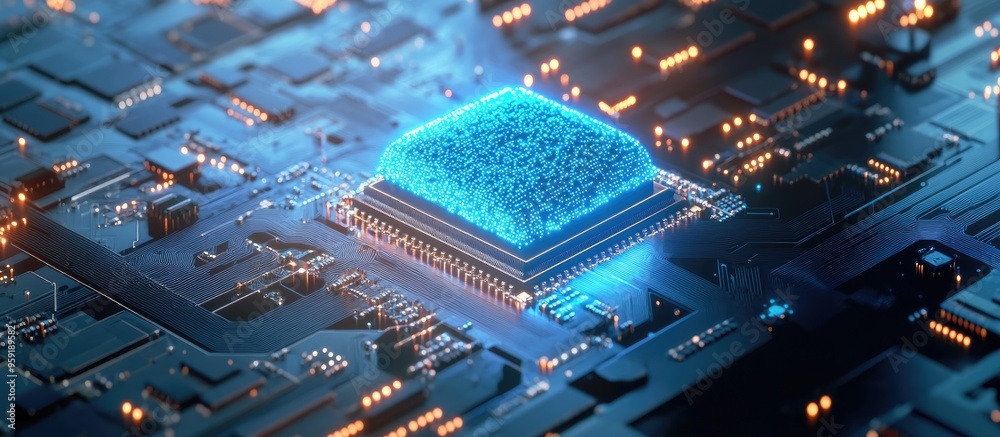 Poster concept of artificial intelligence with an ai chip integrated on a pcb board showcasing advanced tec