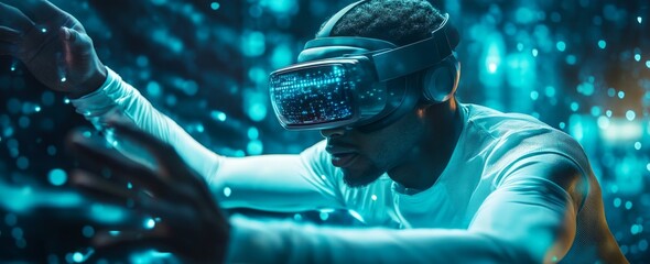 A Black man wearing a VR headset is playing a video game, in a dynamic pose, surrounded by glowing digital elements 
