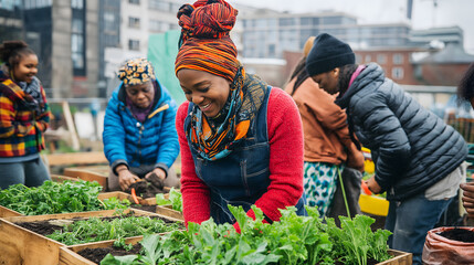 An African American Black woman volunteering at a community garden