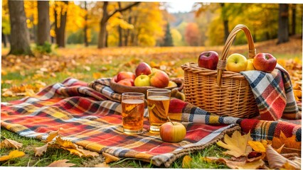 Autumn picnic with plaid blankets and cider