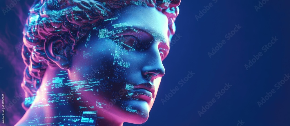 Poster 3d portrait of apollo featuring a glitch effect in a cyberpunk style conceptual representation of ar