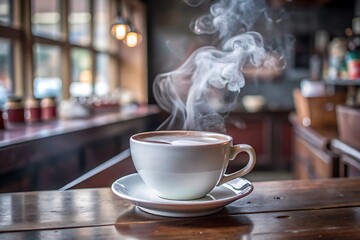 Fototapeta premium Coffee in a Cup in a Coffee Shop, Smoke From the Cup