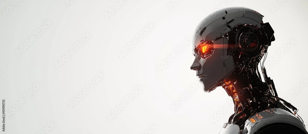 Poster 3d rendering of a humanoid robot in profile against a white background with empty space