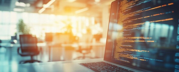 Close-up of a laptop with code on the screen in an office, with a blurred background and sunlight streaming through the window. Programming work time