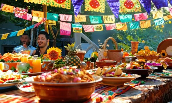 A lively Cinco de Mayo fiesta with mariachi music, dancing, and colorful decorations. Video