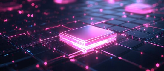 Abstract dark backdrop featuring a luminous square with dynamic light patterns Energy effects digital elements and glowing grid lines enhance the high tech theme