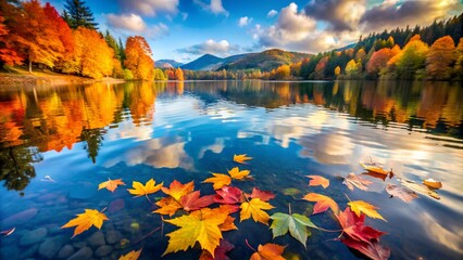 Naklejka premium Autumn leaves floating on a calm lake