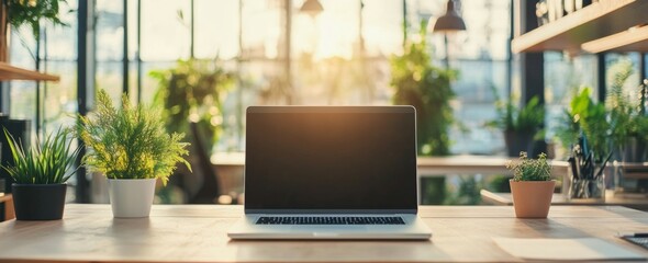 Mockup image of a laptop with a blank screen on a wooden desk in a modern office interior, with a soft-focus background of green plants and sunlight 