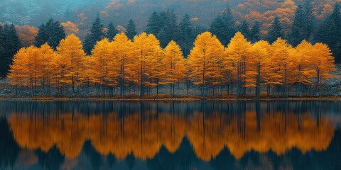 Obraz premium Golden Autumn Trees Reflecting in a Still Lake