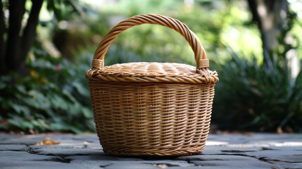This empty basket is perfect for carrying food and drinks to a picnic. It's made of woven wicker and has a lid that closes tightly.