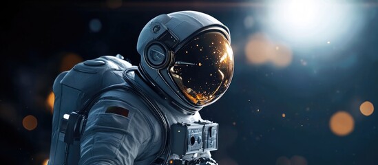 Futuristic astronaut in a spacesuit equipped with modern gear for space exploration Realistic rendering with cinematic lighting and an epic scene against a dark backdrop