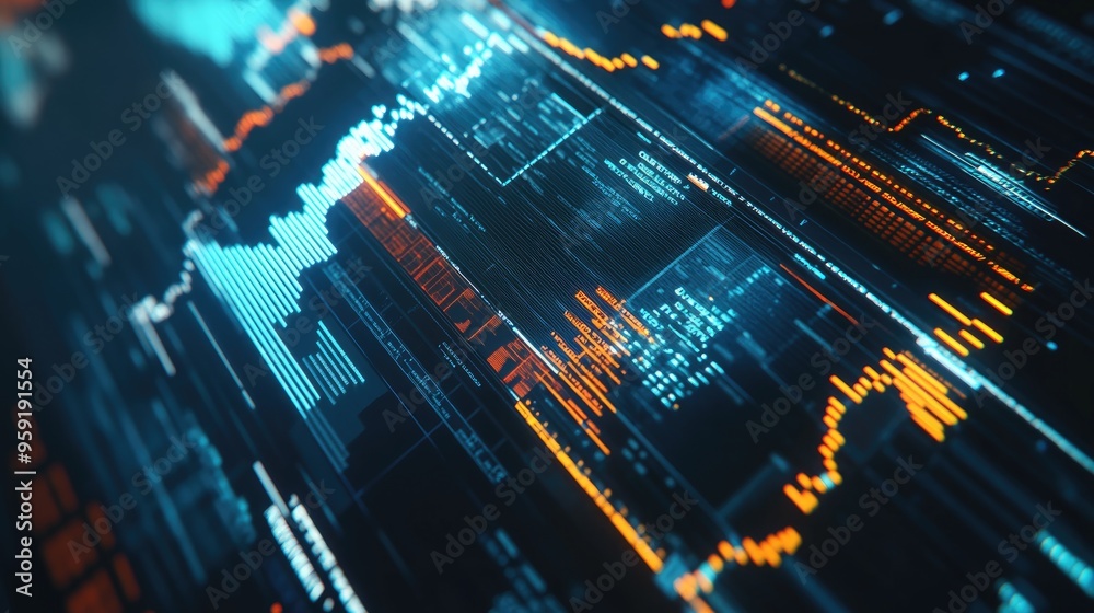 Poster stock market chart overlaid on a computer viewed from above set against a table background conceptua
