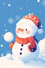Cheerful snowman in red hat and scarf holding a snowball on a snowy winter day