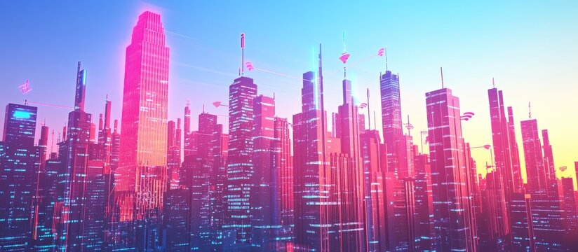 Urban skyline featuring generic Wi Fi signals and access points in a 5G network setup