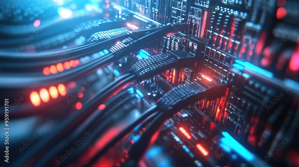 Poster data center featuring cables and cloud computing within a server room focusing on information techno