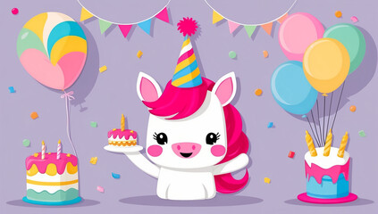 Fototapeta premium cute cartoon unicorn with cake, birthday flat design illustration