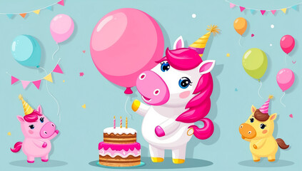 Naklejka premium cute cartoon unicorn with cake, birthday flat design illustration
