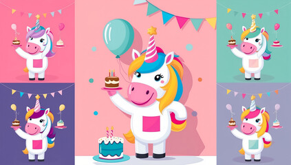 cute cartoon unicorn with cake, birthday flat design illustration
