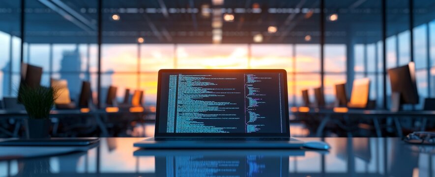 A laptop with computer code on the screen sits in an office room, illuminated by natural light from large windows overlooking a cityscape at sunset
