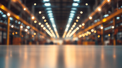A blurry image of a large, industrial warehouse with high ceilings and bright lights.  The design is perfect for posters, wallpapers, or banners.
