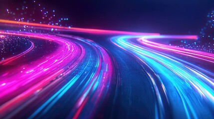 Dynamic motion on a neon lit road in darkness Swift movement along the path Vibrant light trails signify acceleration Abstract depiction with pink and blue streaks