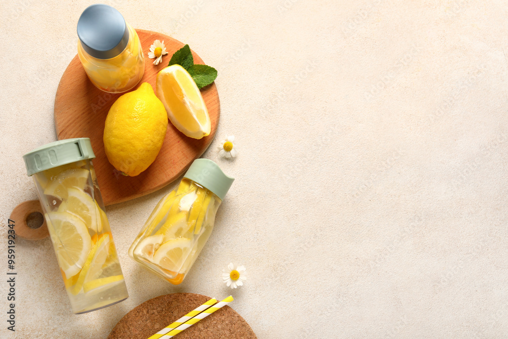 Canvas Prints bottles of infused water with lemon on light background