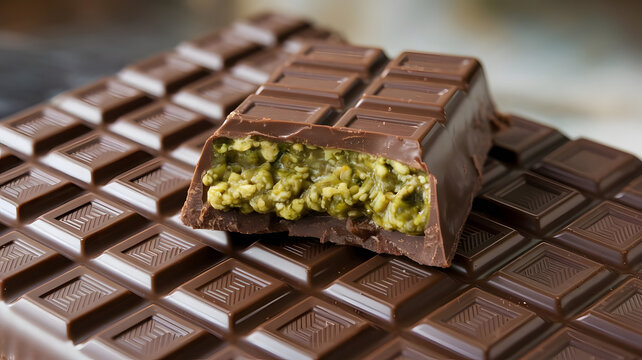Close up of a dark Dubai chocolate bar with a bite taken from it against a blurred background, the chocolate bar is stuffed with a thick layer of pistachio filling that seeps out the sides.