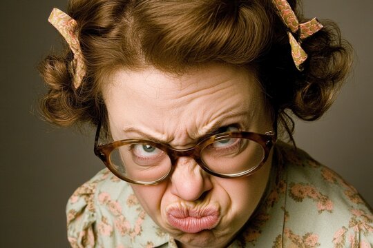 Funny portrait of woman making silly face with glasses and curls