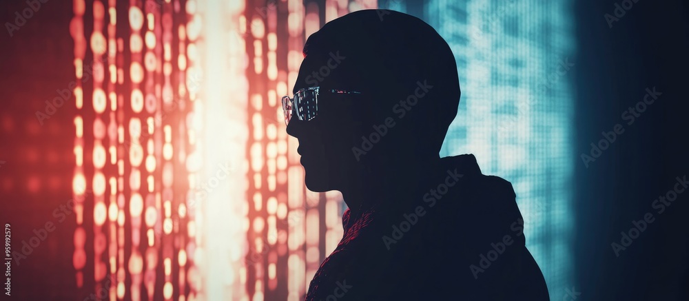 Poster silhouette of a hooded figure wearing glasses set against a backdrop of binary code displayed on a m