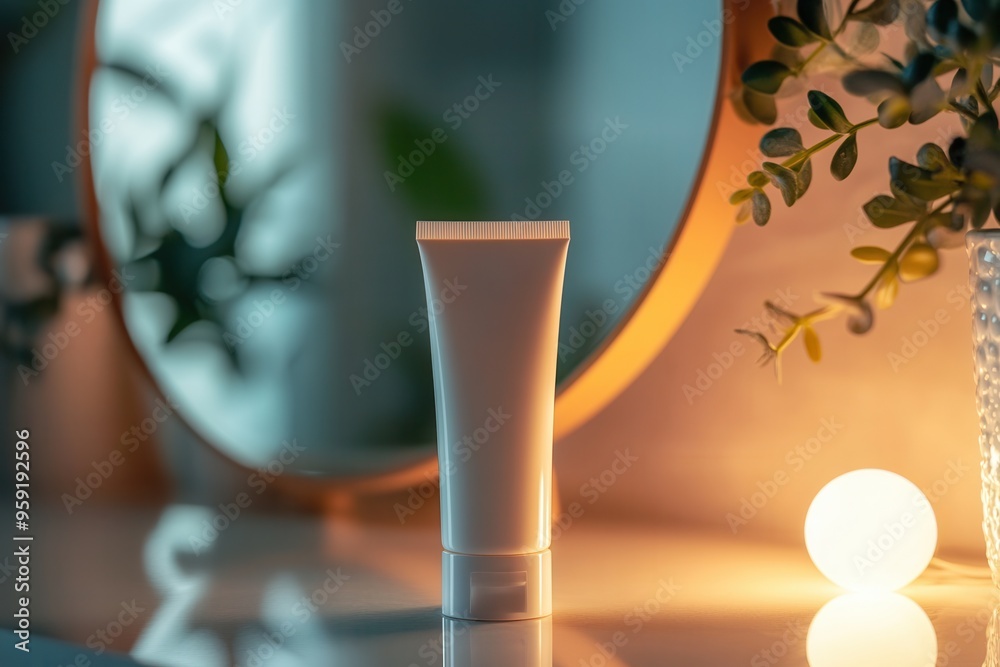 Aufkleber a tube of cream stands beside a glowing light and a mirror, softly reflecting its image in a warm, s