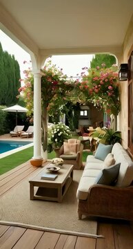 a villa, floor is wooden texture, a cozy space intagrated with the garden, beautiful flowers, seating area is Biga enough and comfortable, add some lighting, coffee table and carpet on floor