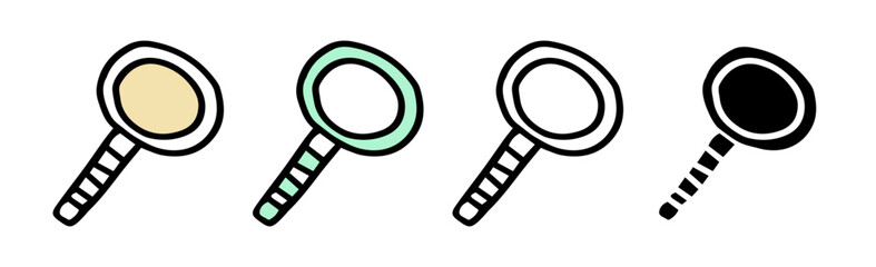 Set of magnifying glass icons featuring colored illustrations, black silhouette, and black outline, isolated on a white background. Concept of search, focus, and investigation. Design elements.