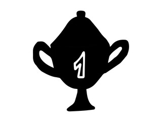 Black and white silhouette illustration of winners trophy cup with number one. Concept of victory, achievement, winner, celebration, sport trophy, award. Print, icon, design element. Back to School.