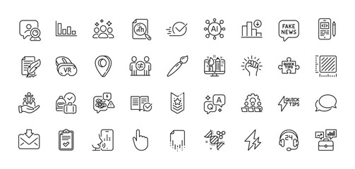 Business portfolio, Checklist and Brush line icons pack. AI, Question and Answer, Map pin icons. Inclusion, Empower, Discrimination web icon. Vr, Decreasing graph, Quick tips pictogram. Vector