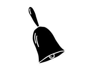 Hand-drawn black silhouette of a school bell, isolated on a white background. Concept of education, announcement, school traditions, alert, and communication. Icon, print, design element.