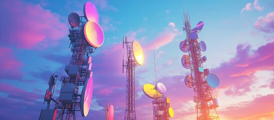 Cellular communication technologies including 3G 4G and 5G Base transceiver station featuring antennas for wireless communication Telecommunication tower setup with transmitters