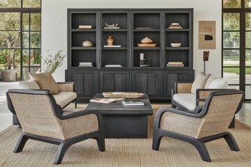 Fototapeta premium Modern rustic living room with elegant wooden furniture and natural light
