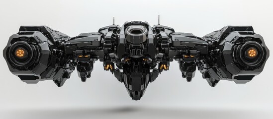 Fototapeta premium Close up rear view of a black heavy mech on a white background This super robot gun in clipping path is ideal for graphic design projects and 3D illustrations