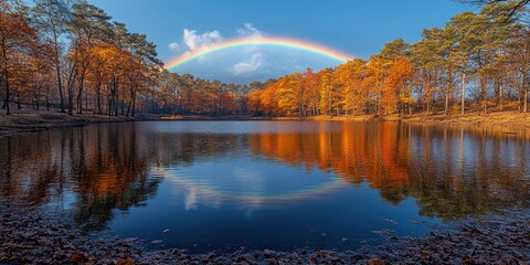 Obraz premium Rainbow Over a Calm Lake in Autumn Forest