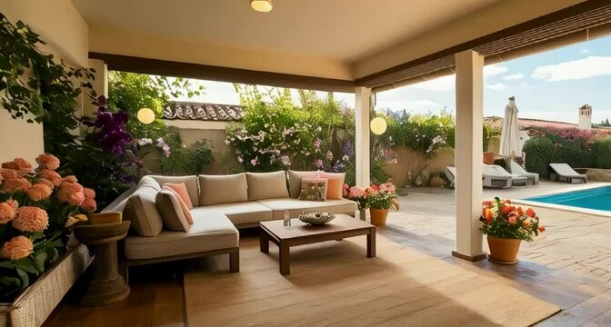 a villa, floor is wooden texture, a cozy space intagrated with the garden, beautiful flowers, seating area is Biga enough and comfortable, add some lighting, coffee table and carpet on floor.