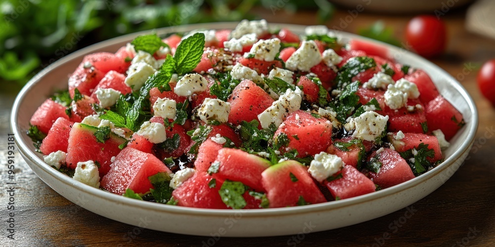 Sticker watermelon, feta, and mint salad with balsamic glaze