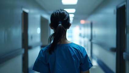 Obraz premium Woman nurse in blue scrubs stands at the end of an empty hospital hallway, facing away from the camera.